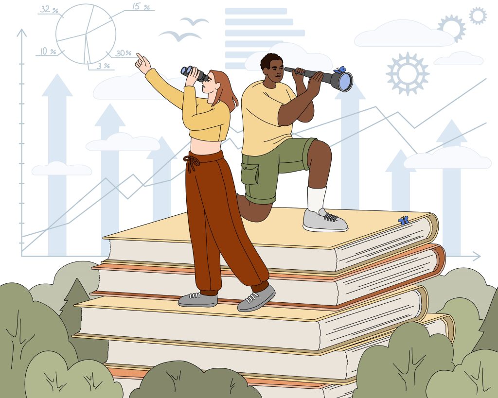 Flat business people staying on stack of books and look into binoculars and spyglass. Employees search work strategies or knowledges. Characters explore new horizons. Personal intelligence growth.